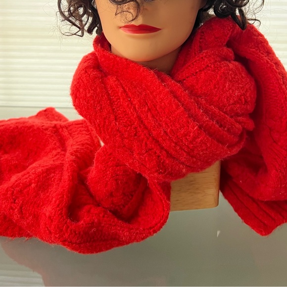 🧶Oversized Thick Soft Coral-Red Cable Knit Wool Blend Scarf | J. Crew 15” x 78” - Picture 8 of 17